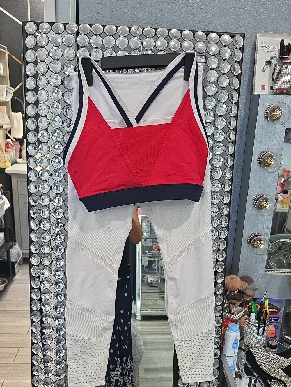 Lorna Jane White Leggings with Red and Navy Sports Bra